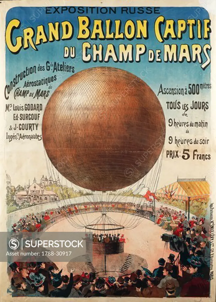 Posters, France, 20th century. Grand ballon captif du Champ de Mars. Poster advertising the Russian exhibition.