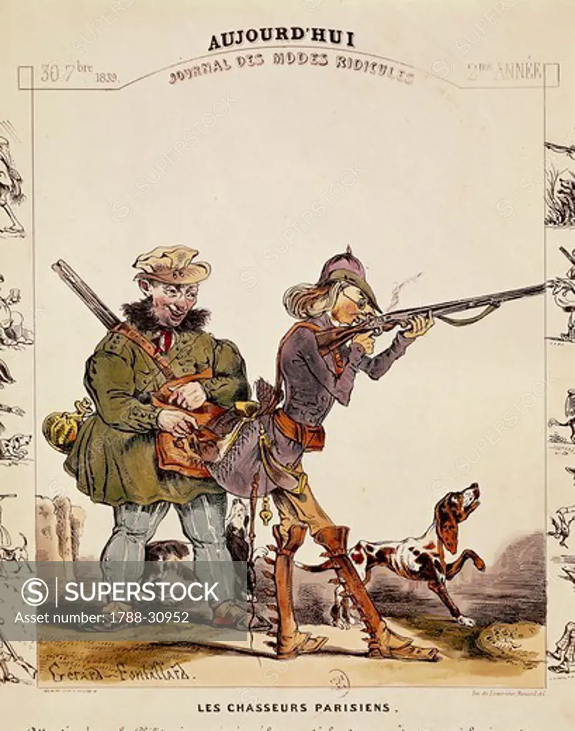 France, 19th century. Parisian hunters (Les chasseurs parisiens). Caricature by Henri Gerard-Fontallard, from Aujourd'hui: Journal des modes ridicules, October 7, 1839.