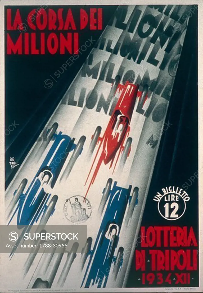 Posters, Italy, 20th century. Advertisment for the lottery of Tripoli Grand Prix, 1934.