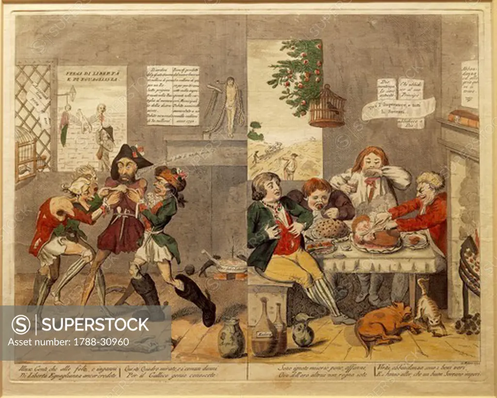 Italy, 18th century. Anti-democratic political satire singing the praises of the Second anti-Napoleonic coalition, 1799.