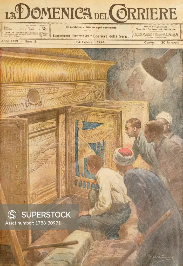 The discovery of Tutankhamen's tomb. Illustrator Achille Beltrame (1871-1945), from La Domenica del Corriere, 24th February 1924.