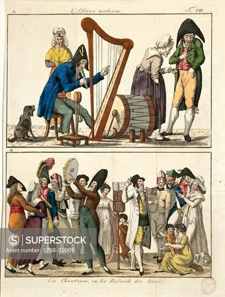 France, 19th century. Caricature of a modern Ossian and of street singers. Engraving, 1806.