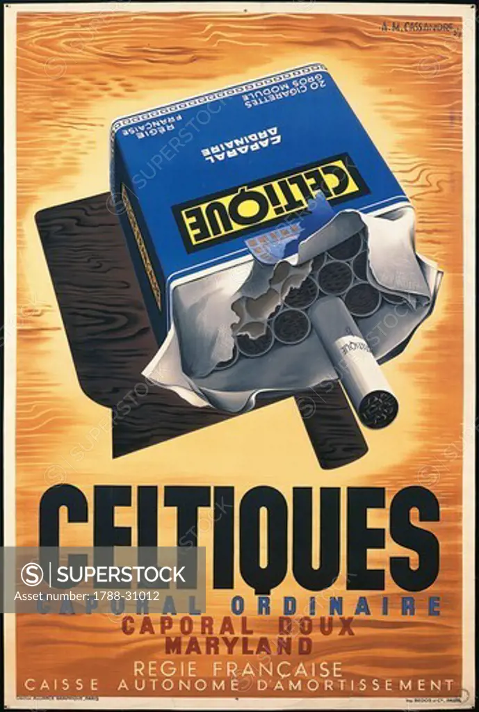 Posters, France, 20th century. Celtiques caporal ordinaire caporal doux maryland. Advertisment for cigarettes, illustration by Adolphe Mouron Cassandre (1901-1968), 1934.