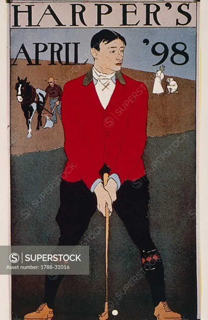 Posters, Great Britain, 20th century. Harper's April 1898: advertisment for the sport of golf.