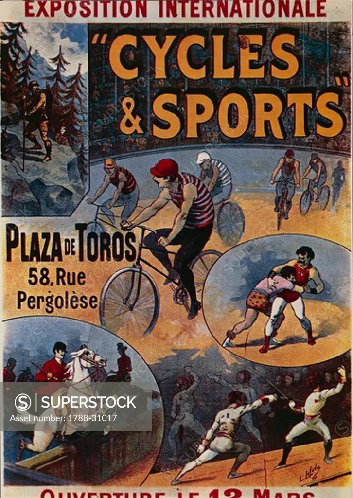 Posters, France, 19th century. Exposition Internationale Cycles et Sports, 1892, advertisment for the international exhibition dedicated to sports, illustration by Lucien Lefevre.