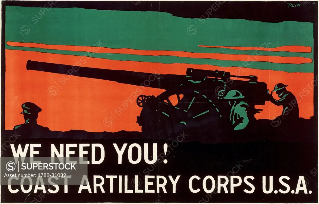 United States of America, 20th century, First World War - We need you! Coast Artillery Corps U.S.A. Propaganda poster by Norman Tonson, 1917.
