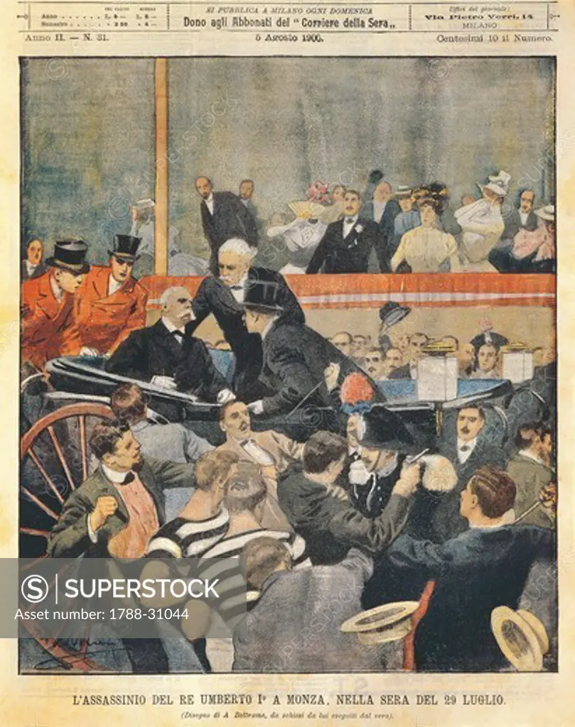 Regicide in Monza: Assassination of King Umberto I. Illustrator Achille Beltrame (1871-1945), from La Domenica del Corriere, 5th August 1900.