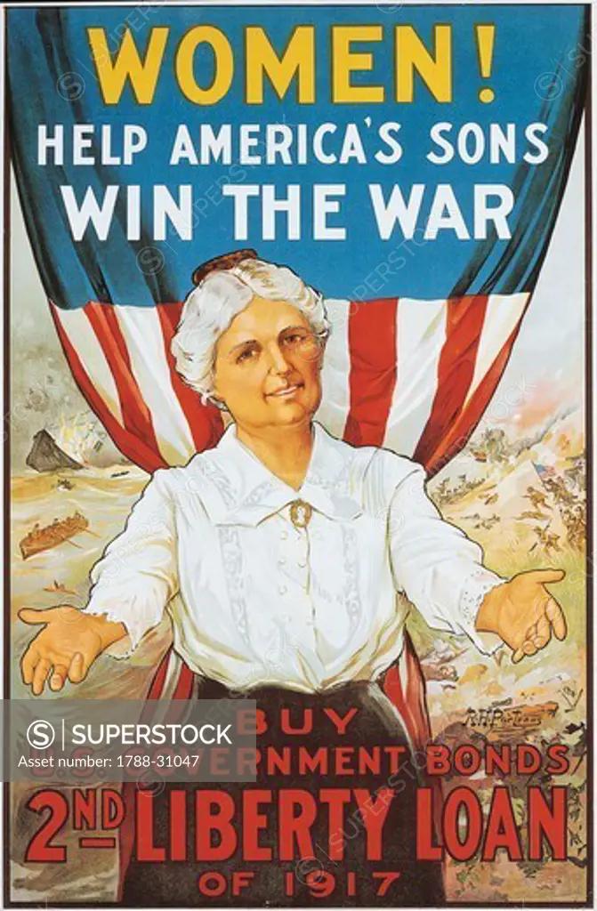 United States of America, 20th century, First World War - Women! Help America's sons win the war. Buy U.S. Government Bonds, 2nd Liberty Loan of 1917. War loan poster, illustration by R. H. Porteous.