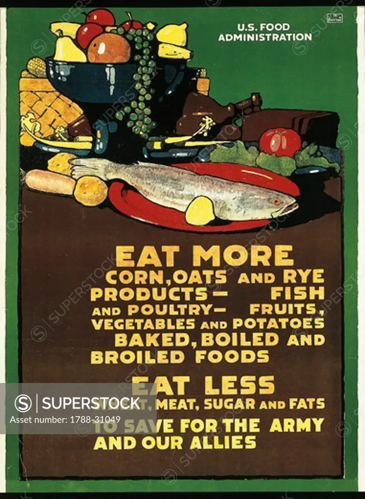 United States of America, 20th century, First World War - Eat more corn, oats and rye products... Eat less wheat, meat, ... . Propaganda poster, illustration by L. N. Britton, 1917.