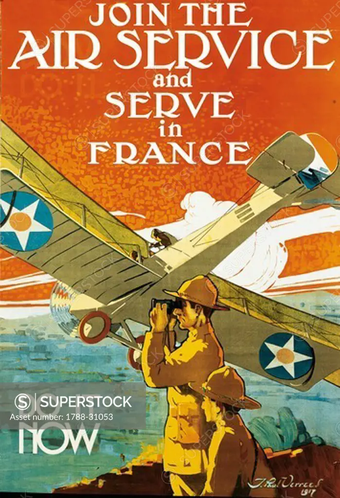Great Britain, 20th century, First World War - Join the air service and serve in France. Do it now. Recruitment poster, illustration by I. Rul Verrees, 1917.