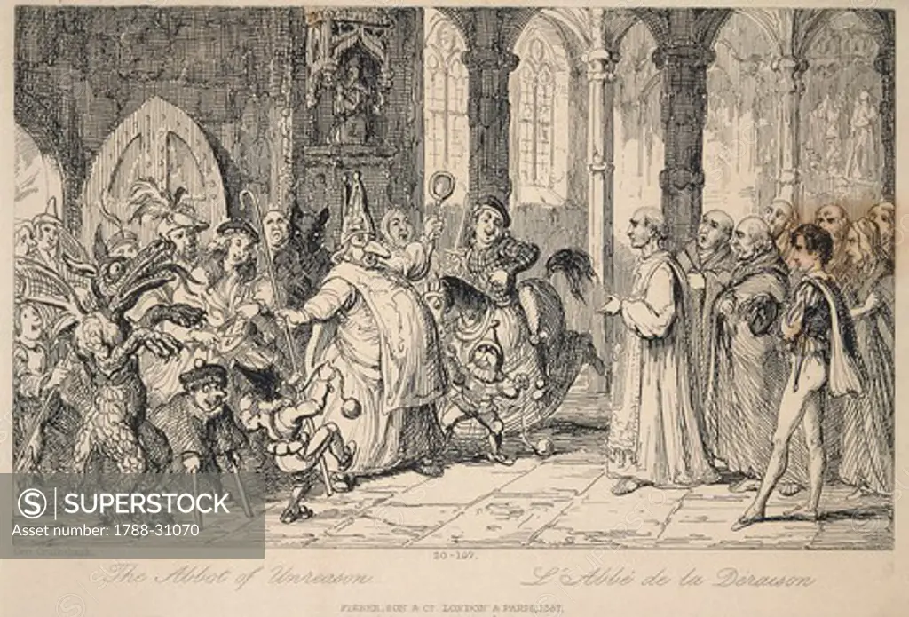 England, 19th century. Caricature The Abbat Of Unreason, 1837, drawing by George Cruikshank (1792-1878).