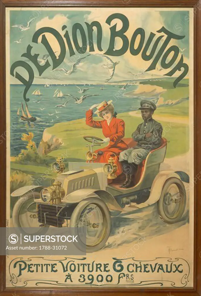 France, 20th century. De Dion Bouton Petit voiture 6 chevaux. Advertisment for a car depicting La Belle Otero at the wheel and Michel Zelete, valet of the marquis of Dijon beside her. Illustration by Henry Thiriet, 1901.