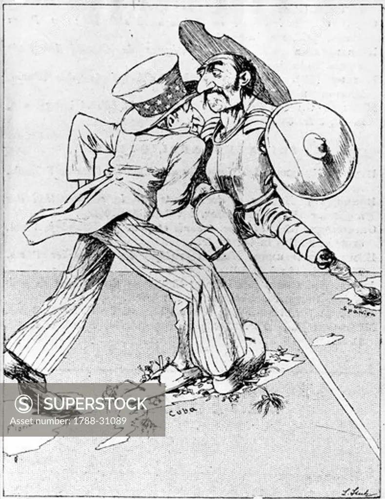 Cuba, 19th century. Humorous illustration on the Spanish-American War concerning Cuba, 1898. Caricature.