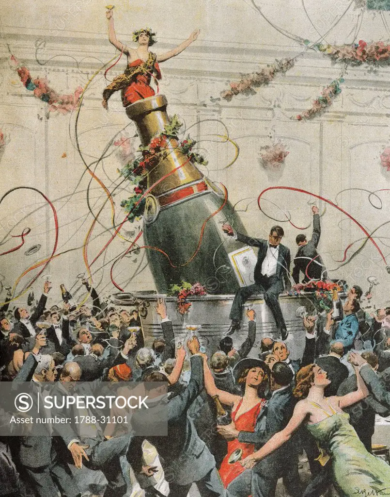Celebrations in America to mark the end of prohibition. Illustrator Achille Beltrame (1871-1945), from La Domenica del Corriere, 1933.