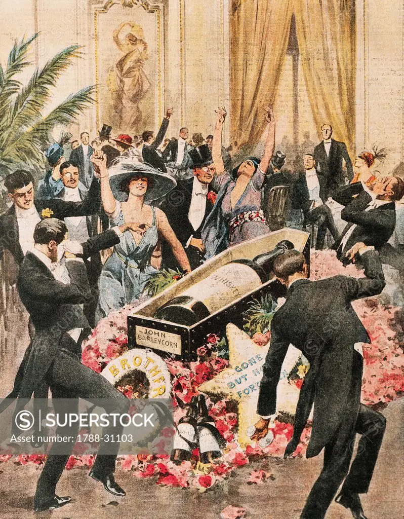 Whiskey bottle funeral performed to mark the beginning of prohibition in America. Illustrator Achille Beltrame (1871-1945), from La Domenica del Corriere, 1919.
