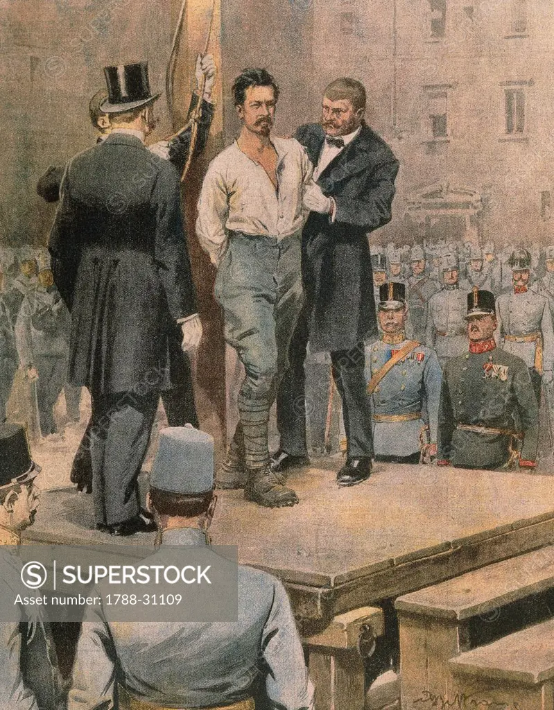 Execution of Cesare Battisti in Trento. Illustrator Achille Beltrame (1871-1945), from La Domenica del Corriere, July 1916.