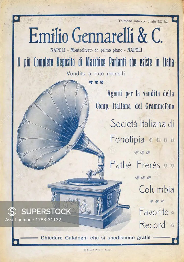 Posters, Italy, 20th century. Emilio Gennerelli and C. Napoli. Advertisment for a gramophone.