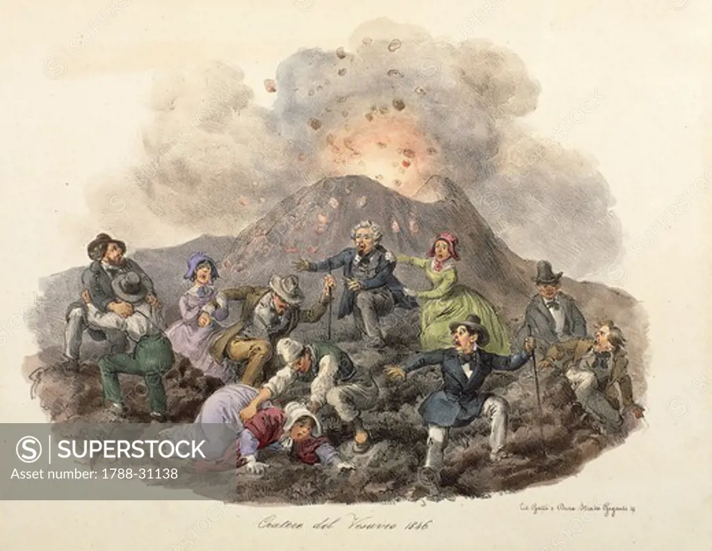 Italy, 19th century. The descent of Mount Vesuvius. Lithograph by Gatti and Dura, 1846.