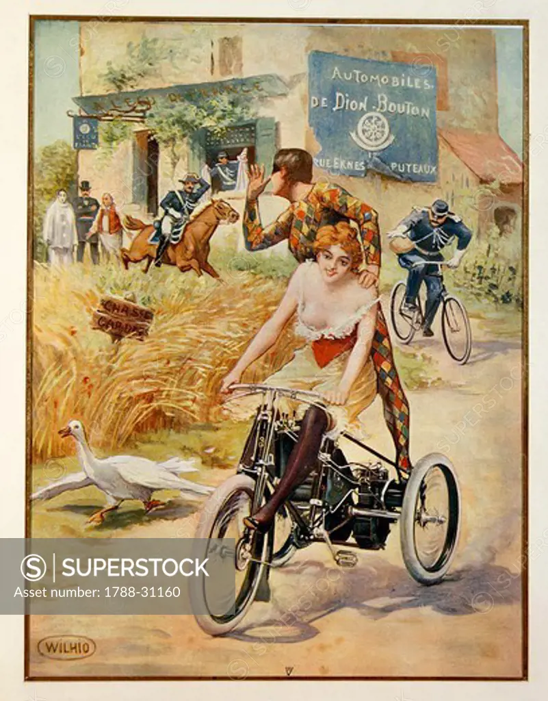 Posters, France, 20th century. Thumbing one's nose from the motor tricycle, advertisment for the Automobiles de Dion-Bouton, illustration by Wilhio, Paris, 1900.