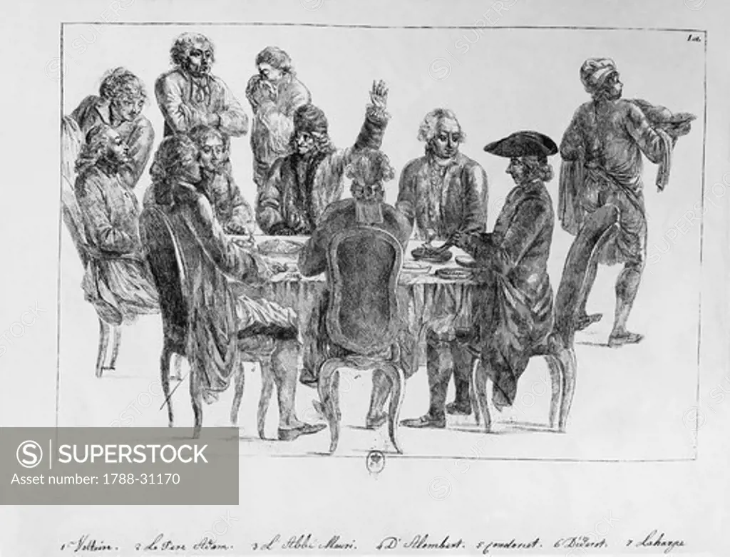 France - 18th century - The followers of the Enlightenment sitting at table - The AbbŽ Mauri, d'Alembert, Condorcet, LaHarpe
