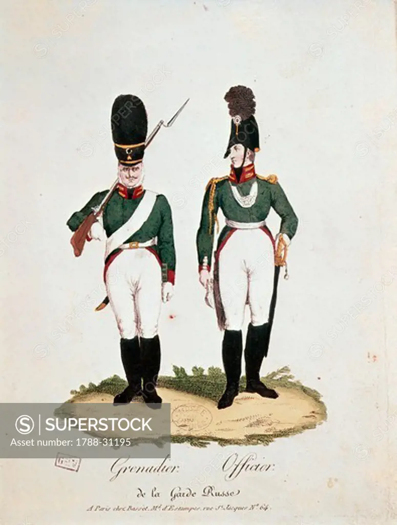 Militaria, Russia, 19th century. Uniforms of the Russian army: grenadier and officer.