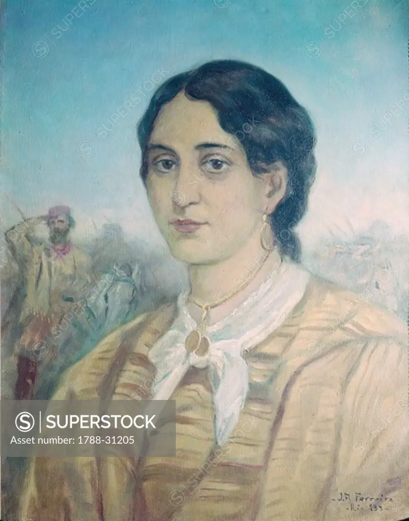 Portrait of Anna Maria Ribeiro da Silva, known as Anita Garibaldi (Morrinhos, Santa Catarina, Brazil 1821 - Mandriole, Ravenna, Italy 1849), Wife of Giuseppe Garibaldi. Painting by R. Ferreira.