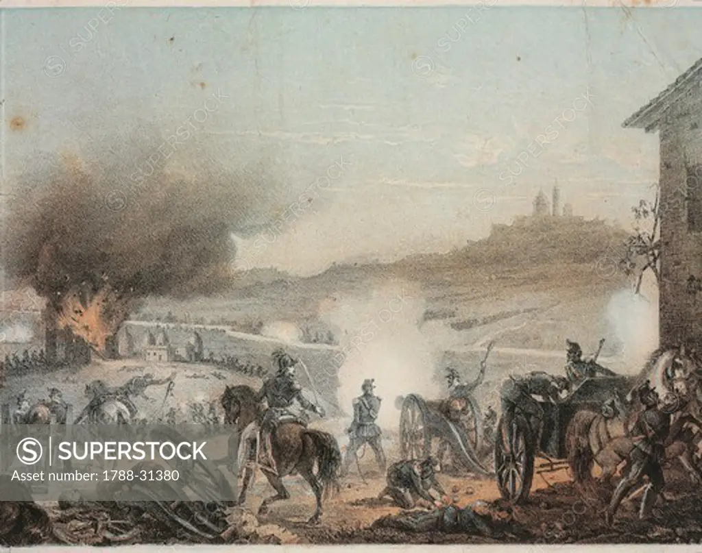 Italy - 19th century - The Battle of Castelfidardo between Piedmontese troops commanded by King Victor Emmanuel II and the army of the Papal States, 18 September 1860.