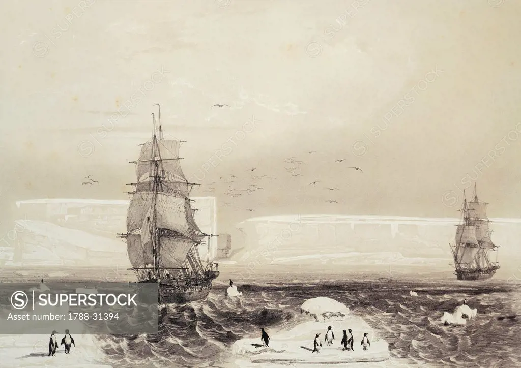 The Astrolabe and Zelee ships arriving in Adelie Land during Dumont d'Urville's expedition in the Antarctic, 1840.
