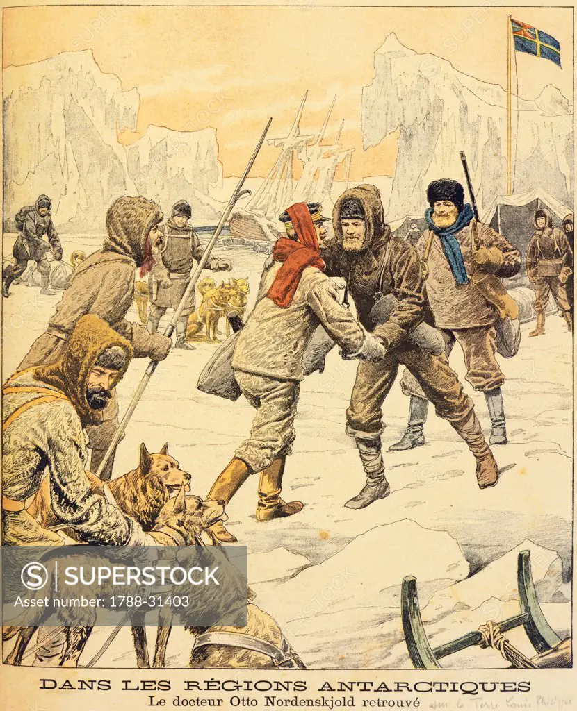 Adolf Erik Nordenskjold's rescue in the Antarctic regions, from le Petit Journal, 1904.