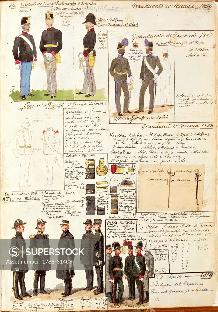 Militaria, Italy, 19th century. Various uniforms of the Grand Duchy of Tuscany, 1856-1859. Color plate by Quinto Cenni.