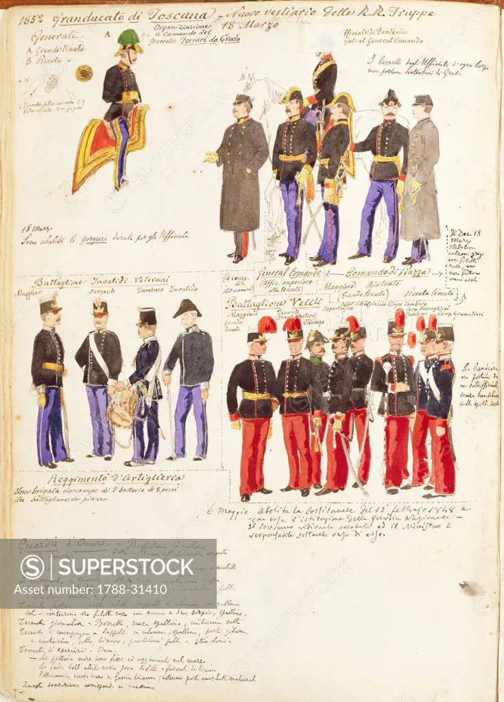 Militaria, Italy, 19th century. Uniforms of the Royal Troops of the Grand Duchy of Tuscany, 1852. Color plate by Quinto Cenni.