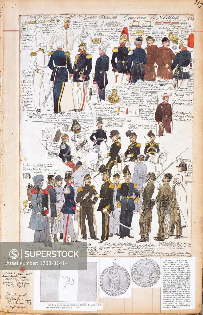 Militaria, Italy, 19th century. Various uniforms of the Provisional Government of Sicily, 1848. Color plate by Quinto Cenni.