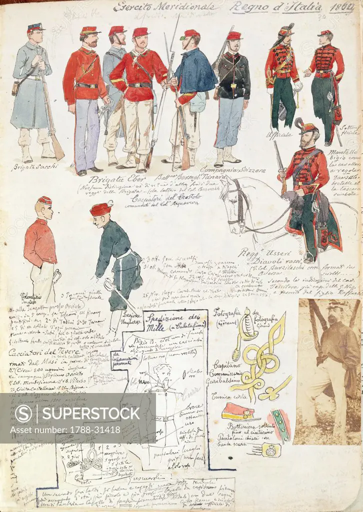 Militaria, Italy, 19th century. Uniforms of Southern Italy army of the provisional government, 1860. Color plate by Quinto Cenni.