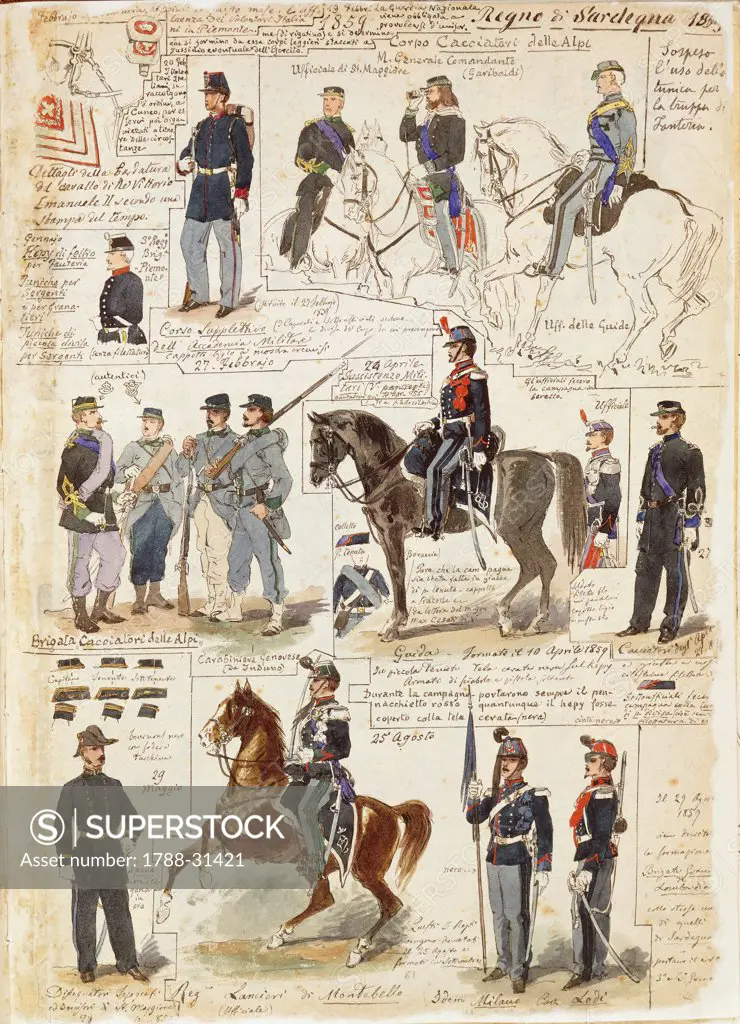 Militaria, Italy, 19th century. Various uniforms of the Kingdom of Sardinia, 1859. Color plate by Quinto Cenni.