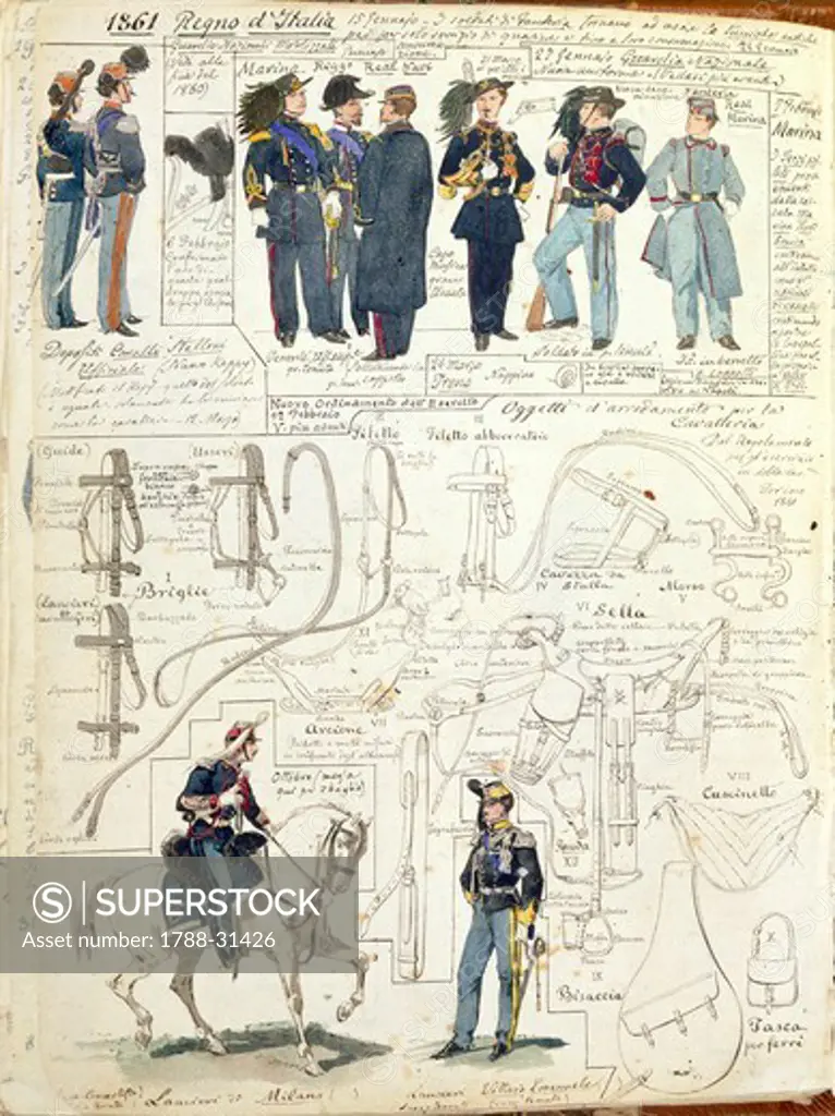 Militaria, Italy, 19th century. Uniforms and equipment of various forces of the Kingdom of Italy, 1861. Color plate by Quinto Cenni.