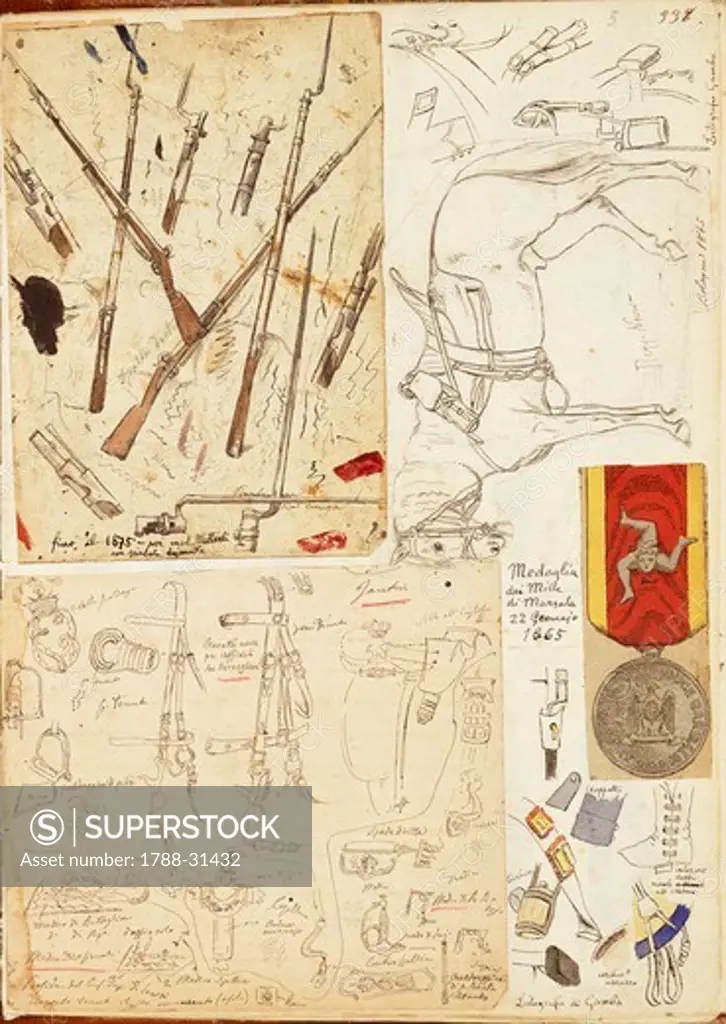 Militaria, Italy, 19th century. Equipment, weapons and harness used by the Thousand of Garibaldi. Color plate by Quinto Cenni.