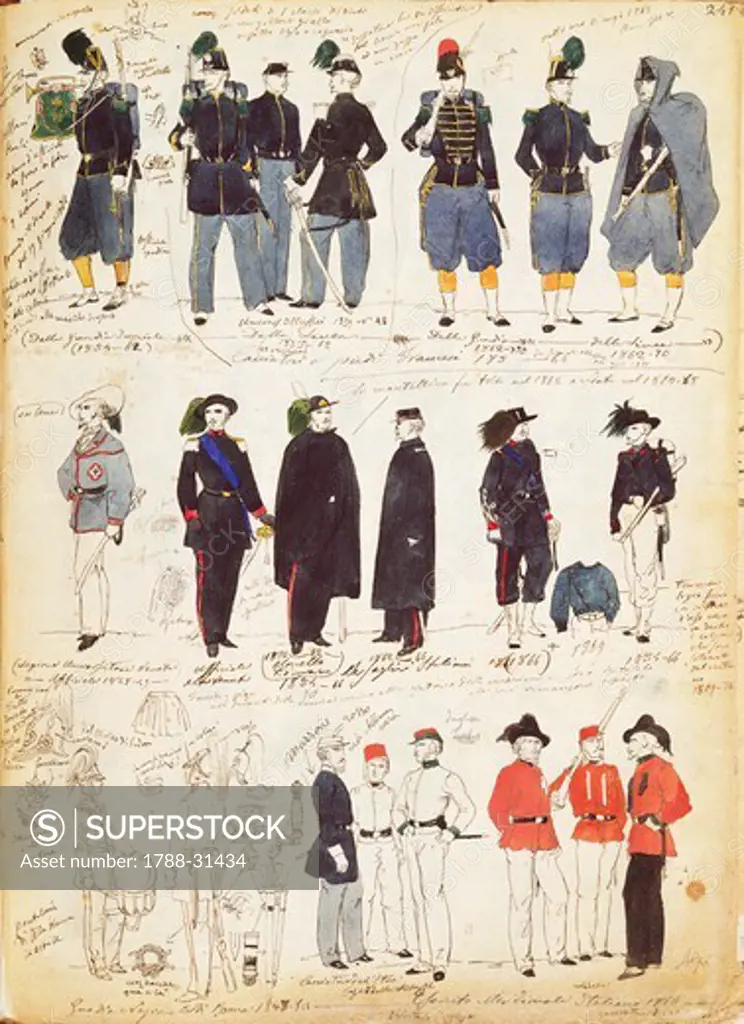 Militaria, Italy, 19th century. Various Italian uniforms in common use between 1847 and 1870. Color plate by Quinto Cenni.