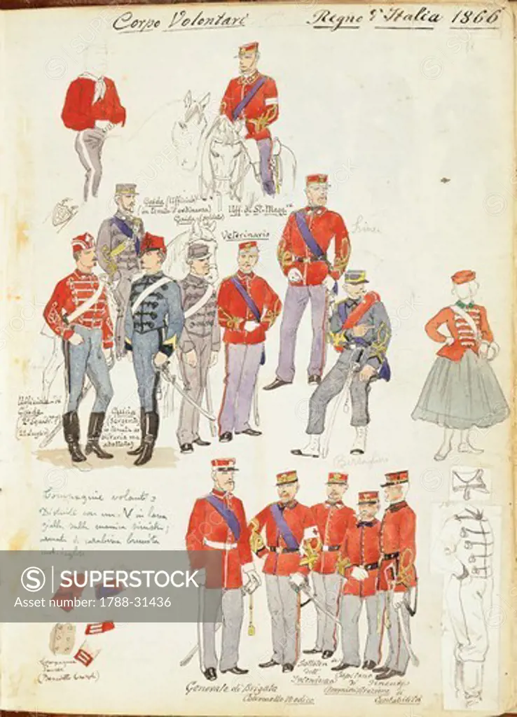 Militaria, Italy, 19th century. Uniforms of the Army Volunteer Corp of the Kingdom of Italy, 1866. Color plate by Quinto Cenni.