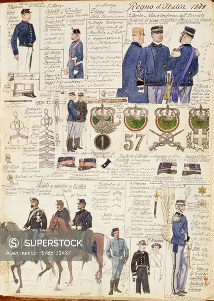 Militaria, Italy, 19th century. Various uniforms of the Kingdom of Italy, 1871. Color plate by Quinto Cenni.