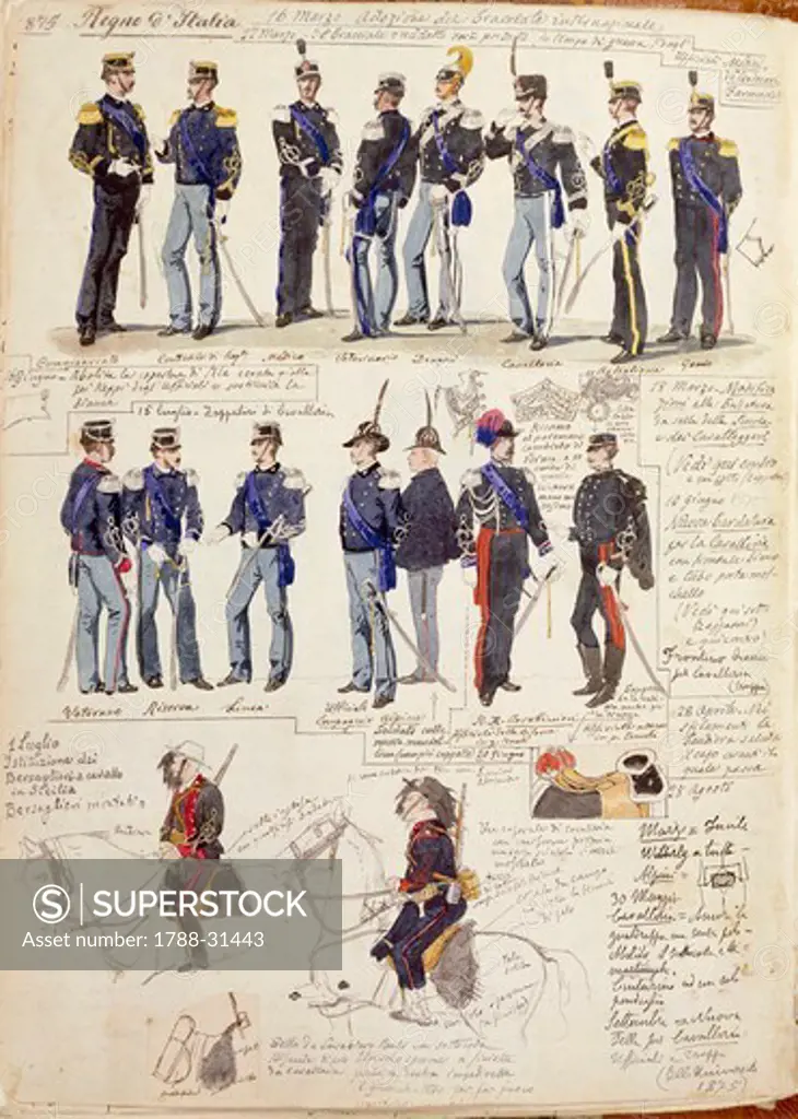 Militaria, Italy, 19th century. Various uniforms of the Kingdom of Italy, 1875. Color plate by Quinto Cenni.