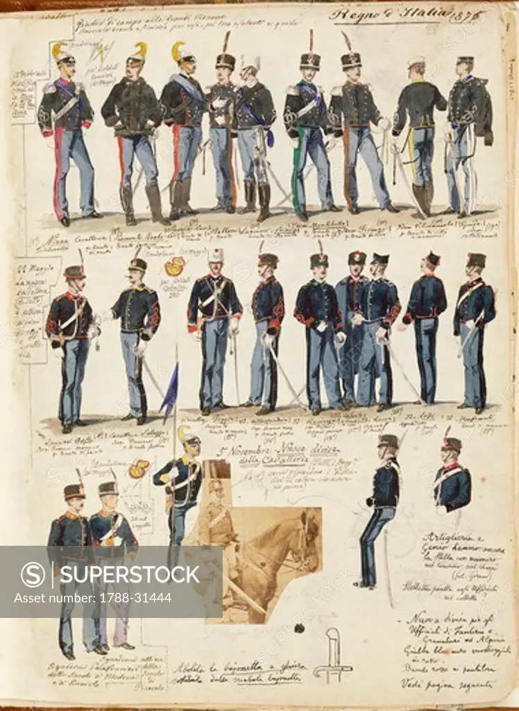 Militaria, Italy, 19th century. Various uniforms of the Kingdom of Italy, 1876. Color plate by Quinto Cenni.