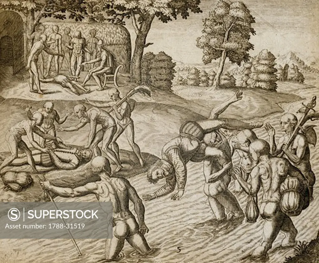 The massacre of Diego Tristan and ten of his sailors by the Cacique Chief Quibian, April 6, 1503, engraving, Caribbean 16th Century.