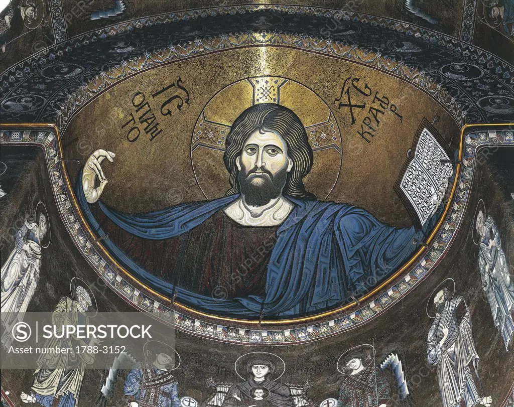 Italy - Sicily region - Monreale (Palermo province). Cathedral, apse. Mosaic of Christ Pantocrator, 'The Blessing Christ '.