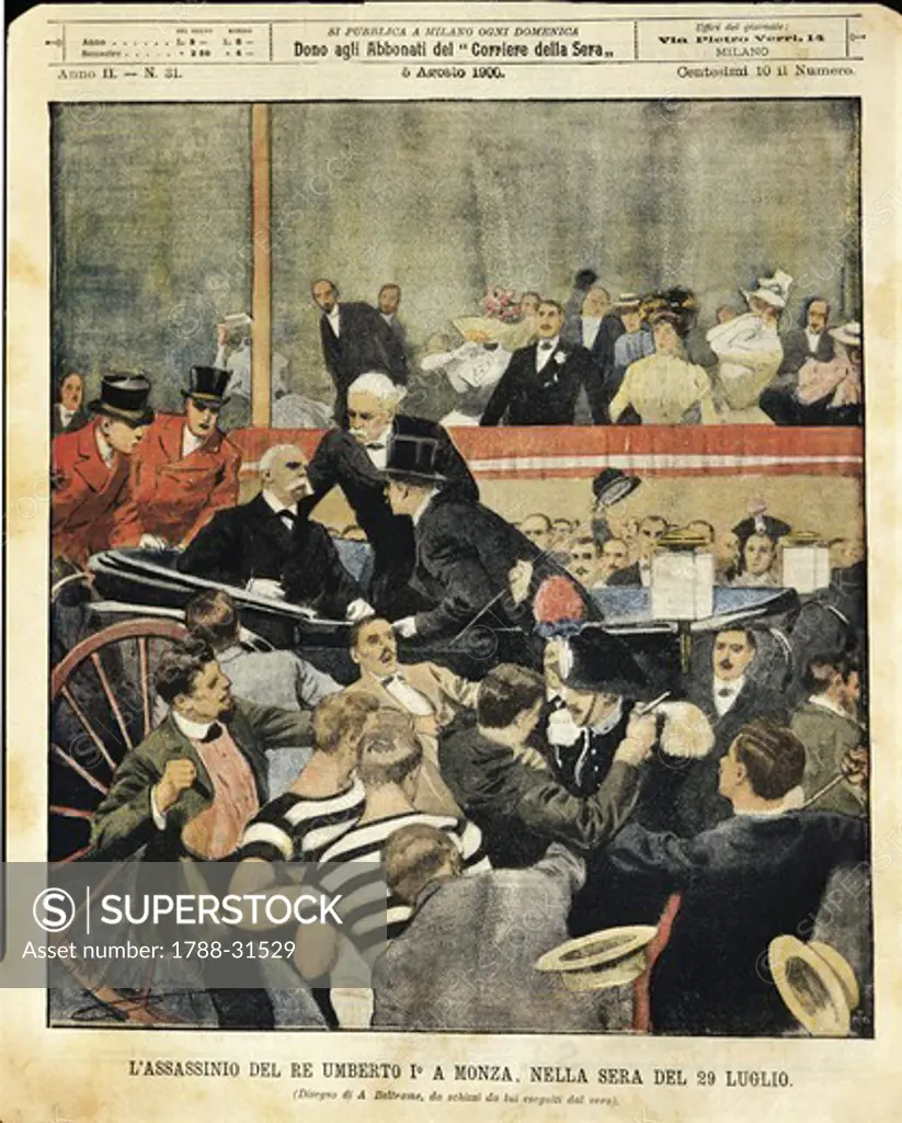 Italy - 20th century - Regicide in Monza. Italy's king Humbert I assassinated. Cover illustration from La Domenica del Corriere Sunday supplement to daily newspaper Il Corriere della Sera, 5th August 1900. Illustrator Achille Beltrame