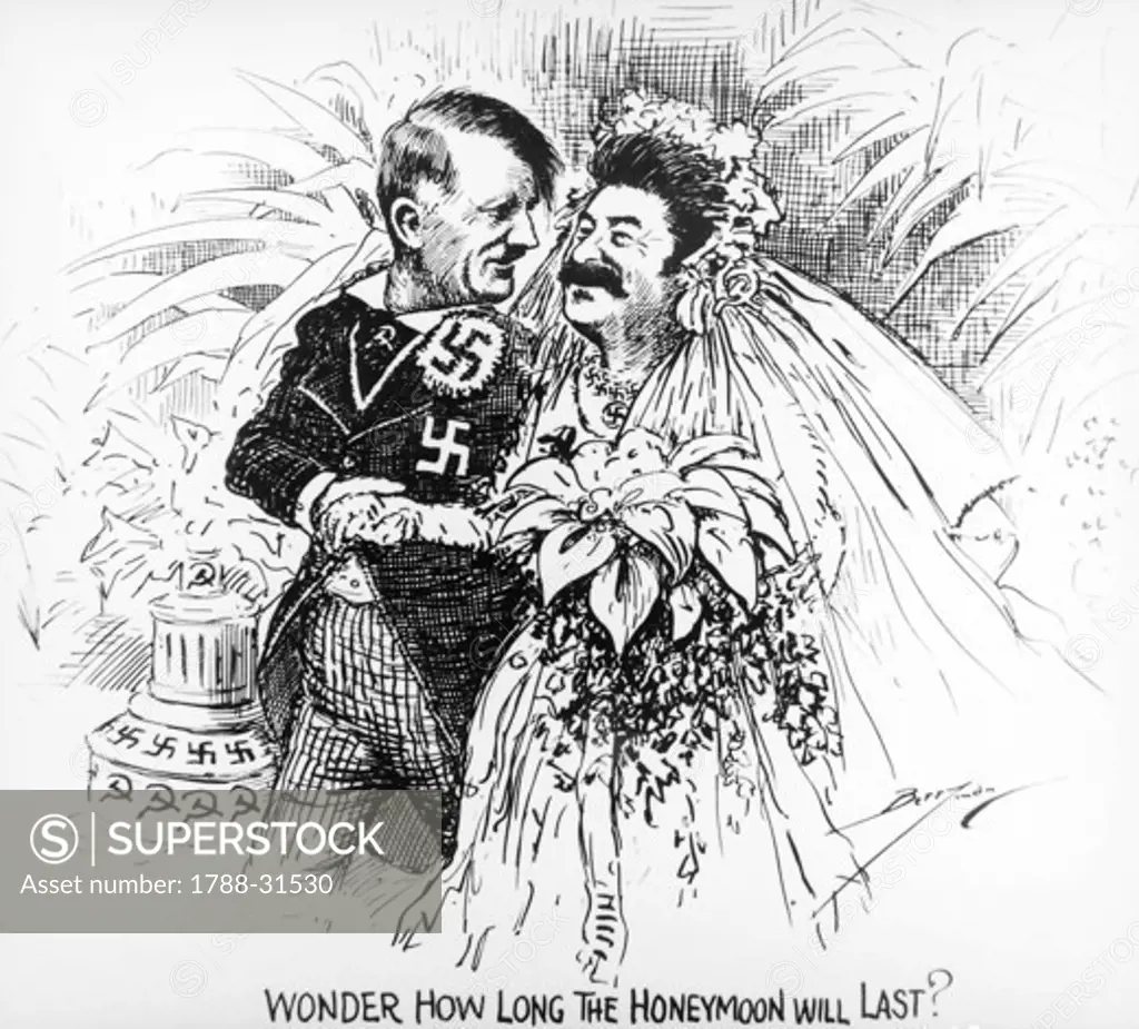 United Kingdom - Great Britain - 20th century. Cartoon depicting Adolf Hitler and Joseph Stalin; at the bottom, the phrase: ""Wonder how long the honeymoon will last""