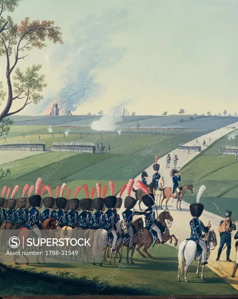 France, 19th century, Franco-Prussian War - Battle of Soufflenheim, 1815, watercolor. Detail: the cavalry.