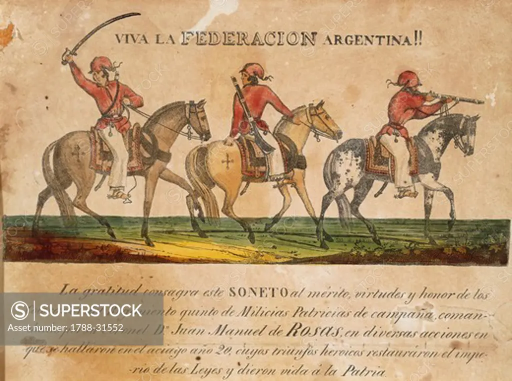 Militaria, Argentina, 19th century. Argentine Federation soldiers at the time of Juan Manuel de Rosas.