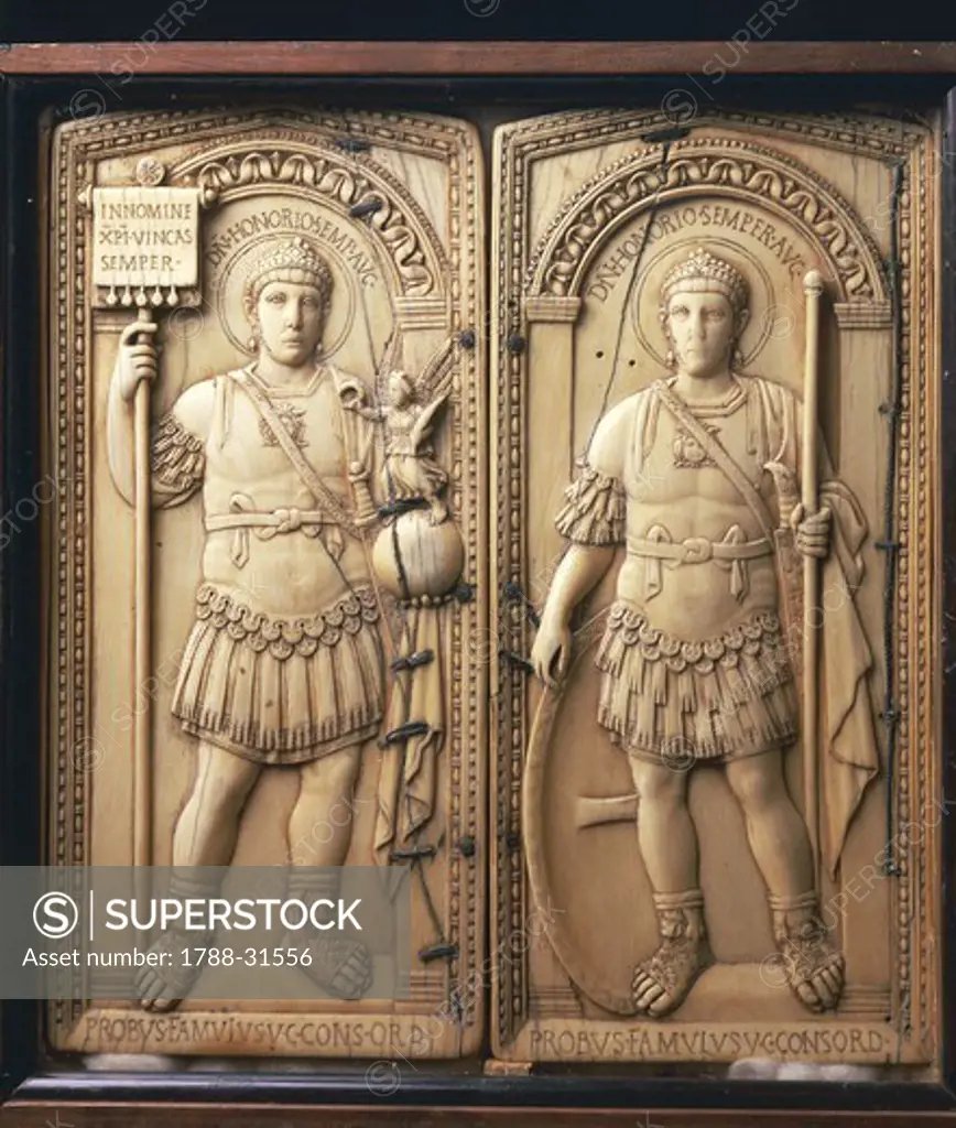 Italy - Valle d'Aosta region - Aosta - Museum of Treasure of the Cathedral. Ivory diptych (406 A.D.) by Anicio Probo with the effigy of Emperor Flavius Honorius (395-423 A.D.)
