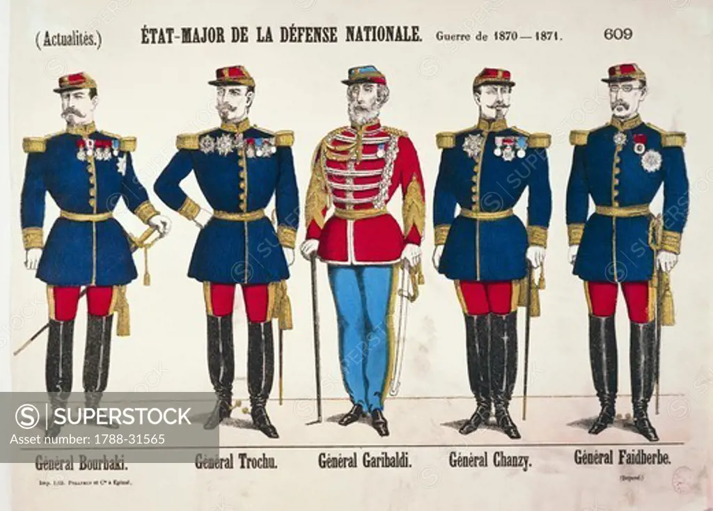France, 19th century, Franco-Prussian War - General Staff of National Defense: Generals Bourbaki, Trochu, Garibaldi, Chanzy, Faidherbe. Print by Epinal.