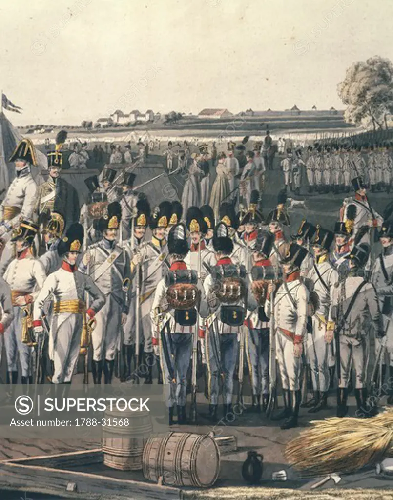 Militaria, Austria, 19th century. Napoleonic wars. Austrian infantry. Watercolor.